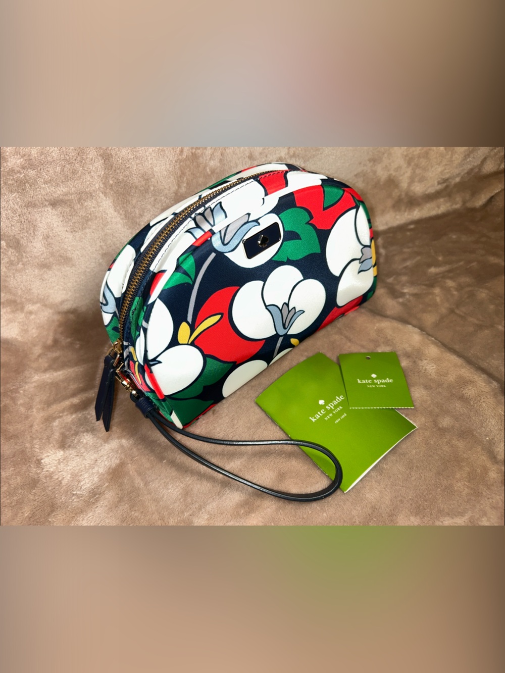 Kate Spade Dawn Breezy Floral Medium Dome Nylon Leather Cosmetic Wristlet Bag